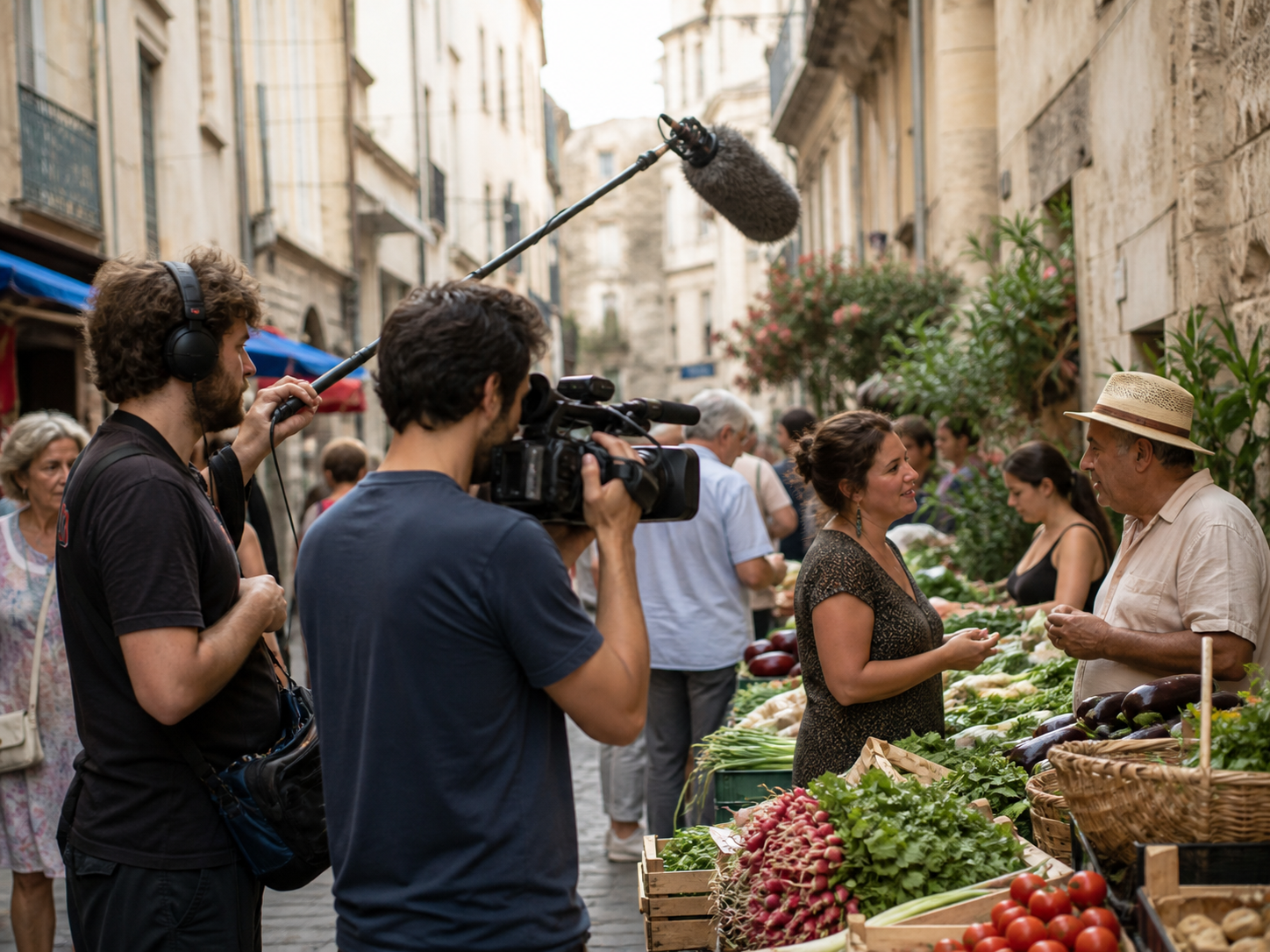 Équipe documentaire sur un marché